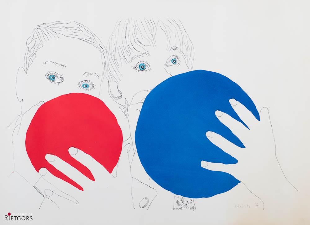 J. Zekveld (1945-2002) - "Twee kinderen met ballonnen. Ges. R.O. en '67. 16/20."