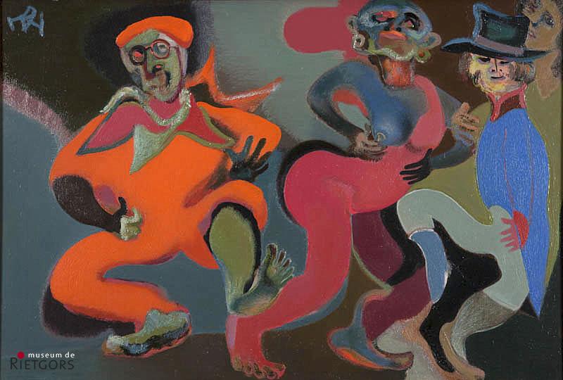 D. Henkes (1903-1989) - Dansende clowns met zelfportret. Ges. L.B.