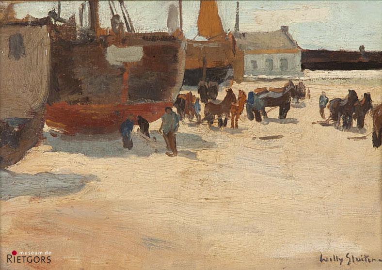 W. Sluiter (1873-1949) - Bomschuiten op het strand. Ges. R.O.